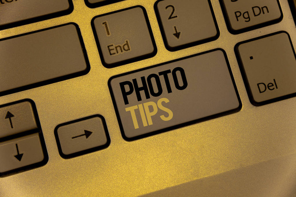 Text sign showing Photo Tips. Conceptual photo Suggestions to take good pictures Advices for great photographyKeyboard brown keys black yellow letters Intention create texts on computer - Photo, Image