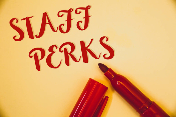 Handwriting texts Staff Perks. Concept meaning Workers Benefits Bonuses Compensation Rewards Health InsuranceIdeas messages words red letters created on vintage background open pen - Photo, Image