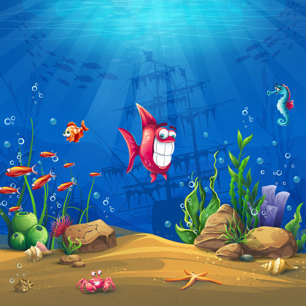 Unterwasserwelt mit Fischen. Meereslandschaft - der Ozean und die Unterwasserwelt mit unterschiedlichen Bewohnern. für Design von Webseiten und Mobiltelefonen, Drucken. - Vektor, Bild