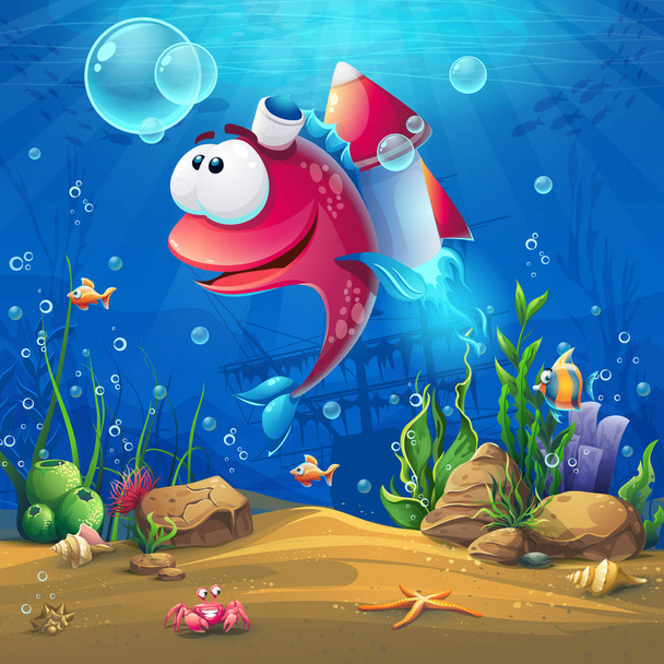 Undersea world with funny fish. Marine Life Landscape - the ocean and the underwater world with different inhabitants. For design websites and mobile phones, printing. - Vector, Image