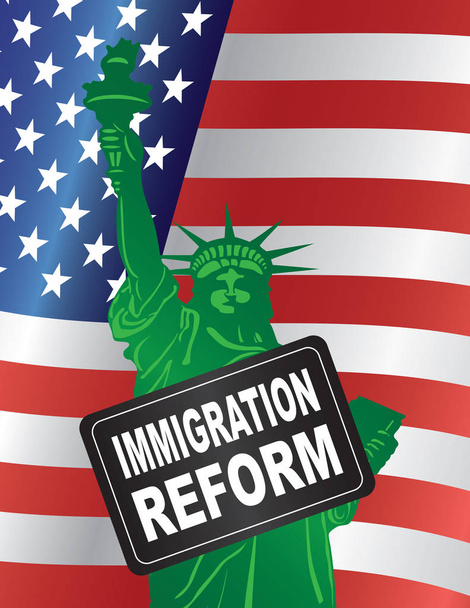 Regering immigratie hervorming bord met Statue of Liberty met Usa Amerikaanse vlag vector illustratie - Vector, afbeelding