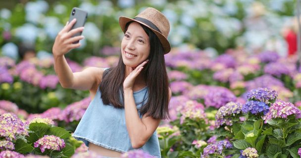 Femme prendre selfie dans hortensia ferme de fleurs
 - Photo, image