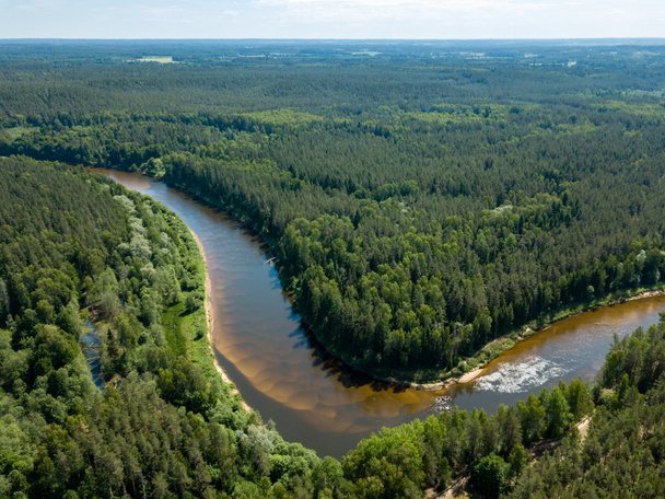 drone kép. a légi felvétel a kígyó-folyó mély zöld erdők. Gauja Lettországban - Fotó, kép