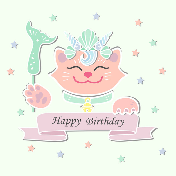 Cute Happy Birthday card with Cat, Marimaid Sea Shell Crown. Vector illustration for party invitation, greeting card, love you card. Maneki Neko is symbol of happiness, luck, success, love. - Vektör, Görsel
