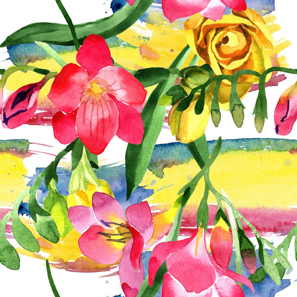 Színes freesia. Virágos botanikai virág. Varratmentes háttérben minta. Szövet nyomtatási textúrát. A háttér textúra, burkoló minta, keret vagy határ Aquarelle vadvirág. - Fotó, kép