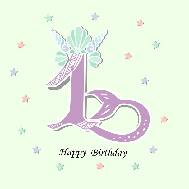Vector illustration Number One with Mermaid tail, Shell Crown. Template for Mermaid style birthday, party invitation, greeting card. Cute Number One as logo, patch, sticker. - Вектор,изображение