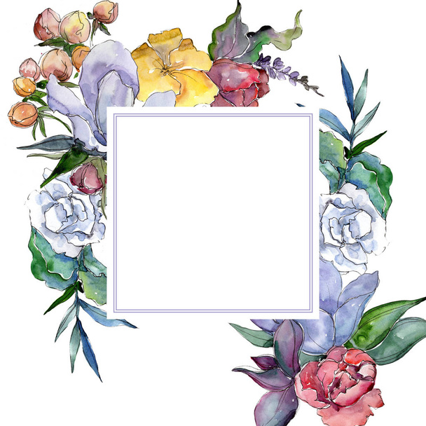Tropische kleurrijke boeket. Floral botanische bloem. Frame grens ornament vierkant. Aquarelle wildflower voor achtergrond, textuur, wrapper patroon, frame of rand. - Foto, afbeelding