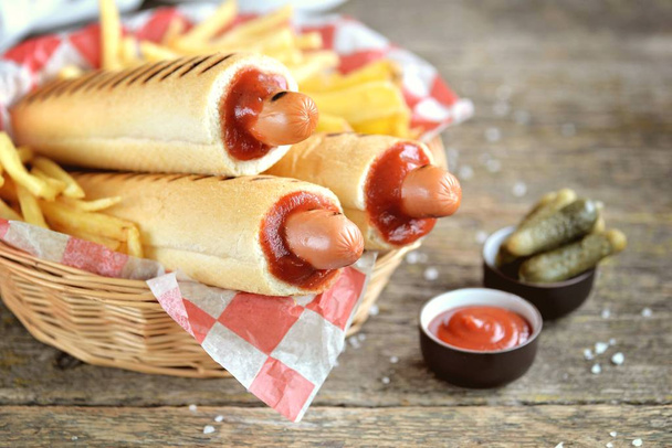 French hot dog with ketchup, mustard, mayonnaise and marinated cucumber. - Photo, Image