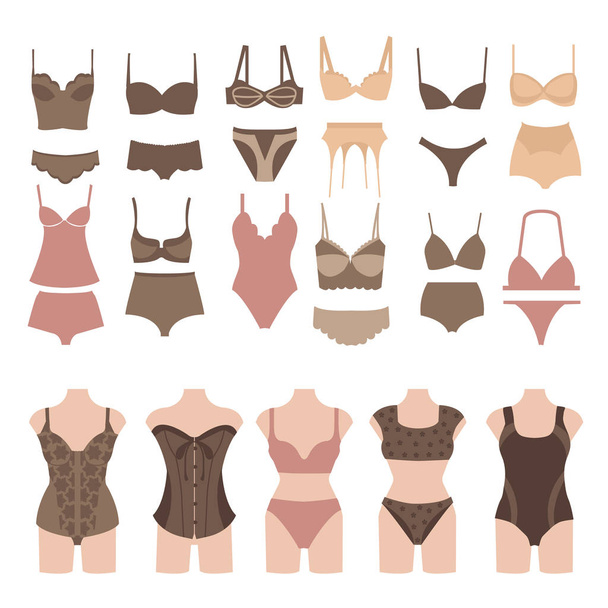 Vector Set of beautiful fashion lingerie elements. Underwear women icon set vector. - Vector, imagen