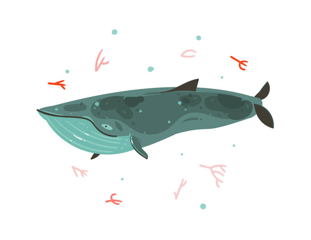 Hand getekende abstracte cartoon grafische zomertijd onderwater vectorillustraties met koraalriffen en schoonheid grote walvis karakter geïsoleerd op witte achtergrond - Vector, afbeelding