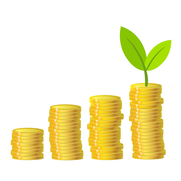 Planta verde y monedas de oro sobre fondo blanco. concepto de economía de fondos de crecimiento. diseño colorido. ilustración vector de stock
 - Vector, imagen
