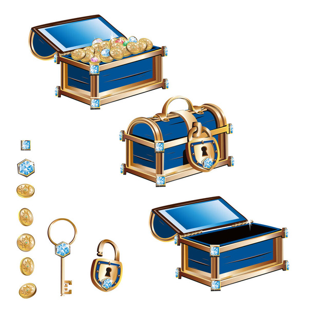 Caixa do tesouro com moedas de ouro e pedras preciosas. Ilustração vetorial. Conjunto
. - Vetor, Imagem