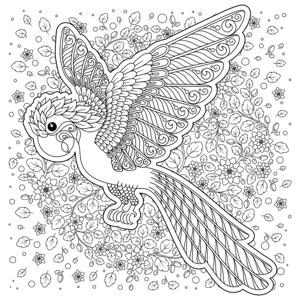 Parrot. Tropical bird. Vector illustration. Coloring book for adult and older children. Coloring page. Outline drawing. - Vetor, Imagem