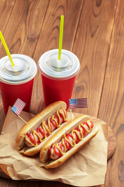 Close view of  Hot dogs on wooden background - Foto, Imagem