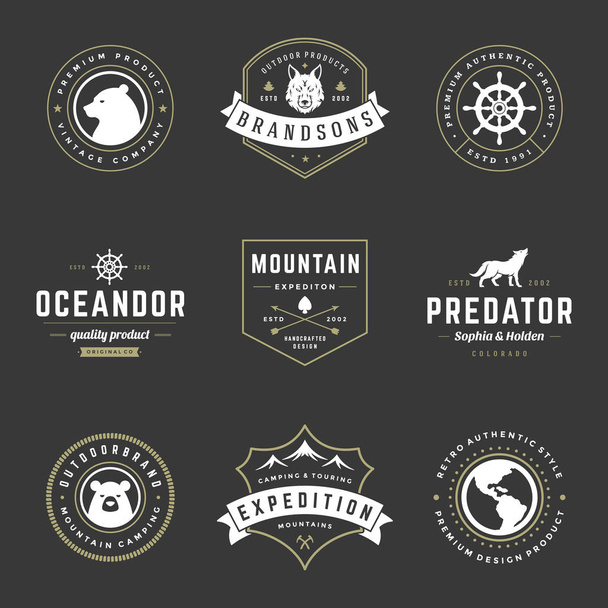 Camping logos templates vector design elements and silhouettes set, Outdoor adventure mountains and forest expeditions, vintage style emblems and badges retro illustration. - Vektori, kuva