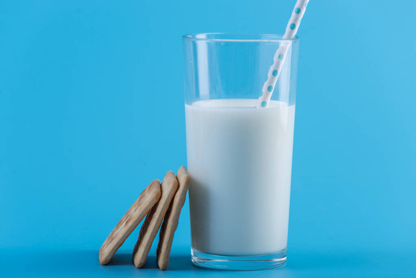 ein Glas frische Milch mit einem Strohhalm und Keksen auf blauem Hintergrund. bunter Minimalismus. das Konzept gesunder Milchprodukte mit Kalzium - Foto, Bild