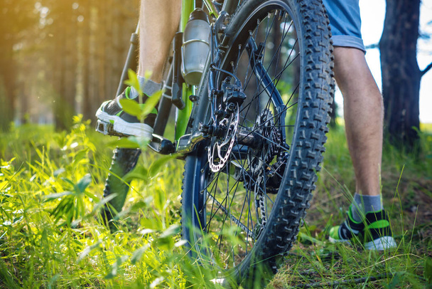 Cyclist on a green mountain bike in the woods riding on the grass. Bottom and back view. The concept of active and extreme lifestyle - Foto, imagen
