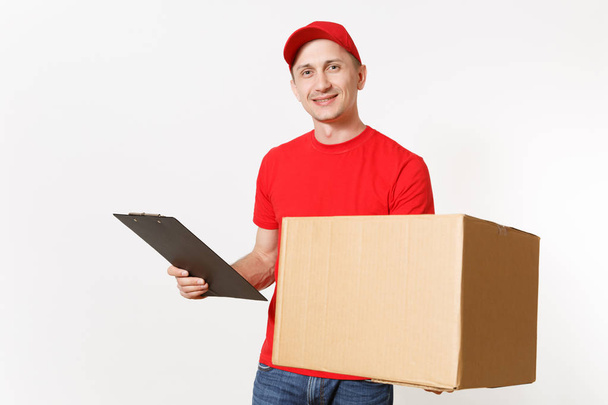 Delivery man in red uniform isolated on white background. Male courier in cap, t-shirt holding pen, clipboard with papers document, blank empty sheet, cardboard box. Receiving package. Copy space - Foto, Imagem