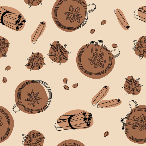 Tea, cinnamon and star anise seamless background. - Vector, Image