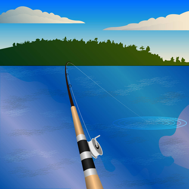 fishing rod with a reel, bite. Fishing, first-person view, pond, forest on the horizon. - Vector, Image