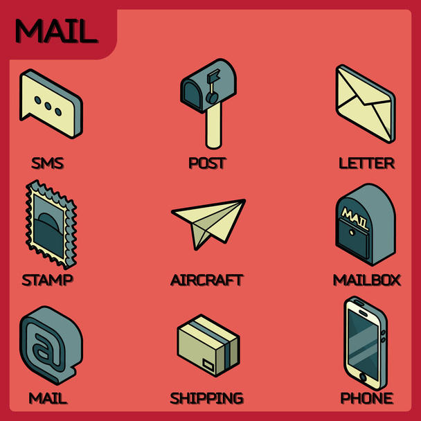 Mail color outline isometric icons - Vector, Image