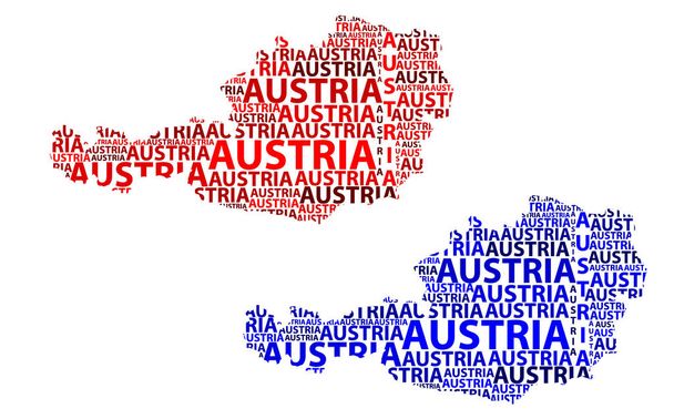 Ausztria levelet text térképvázlatot, Albánia - alakú a kontinens megjelenítése Osztrák Köztársaság - piros és kék vektoros illusztráció - Vektor, kép