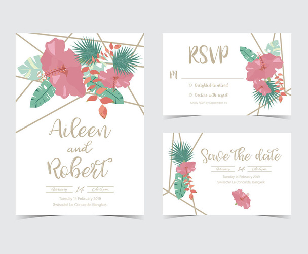 Geometria cartão de convite de casamento com folha de banana, hibisco e flor
 - Vetor, Imagem