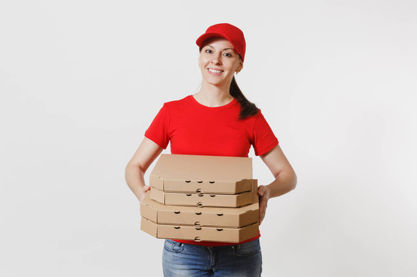Woman in red cap, t-shirt giving food order pizza boxes isolated on white background. Female pizzaman working as courier or dealer holding italian pizza in cardboard flatbox. Delivery service concept - Photo, Image