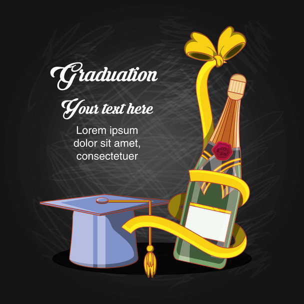 tarjeta de graduación con sombrero y vino
 - Vector, imagen