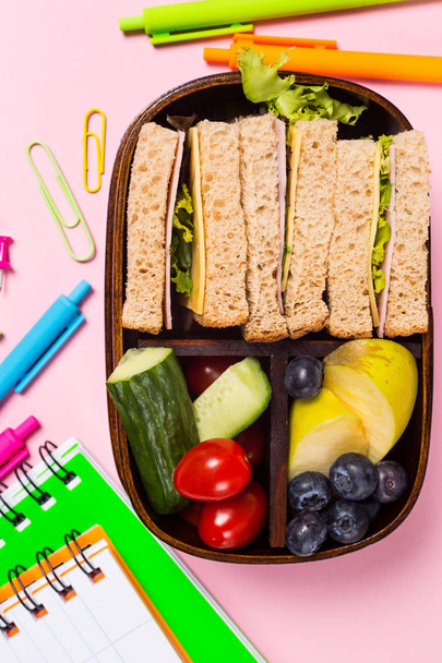 School wooden lunch box with sandwiches - Photo, Image