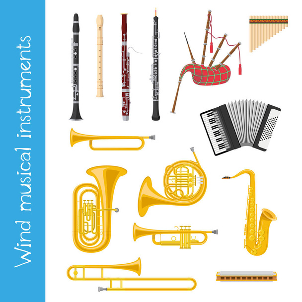 Векторный иллюстрационный набор духовых музыкальных инструментов в мультяшном стиле на белом фоне
 - Вектор,изображение
