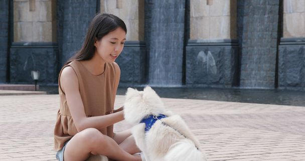 Femme jouant avec son chien poméranien à l'extérieur
  - Photo, image