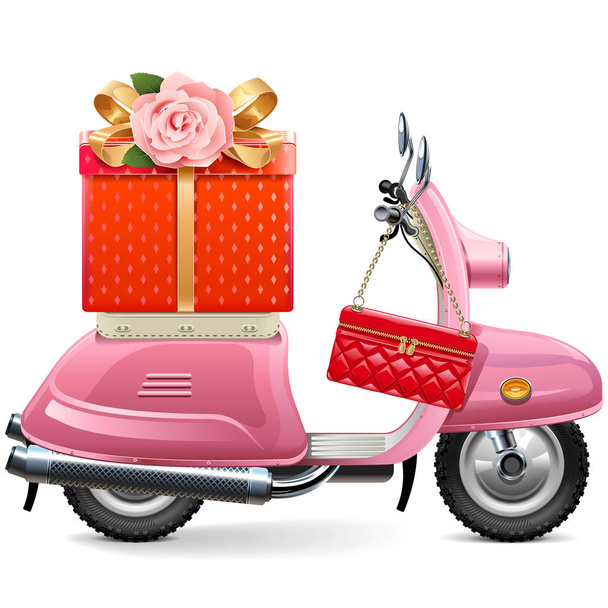 Vector Pink Scooter with Gift isolated on white background - Vetor, Imagem
