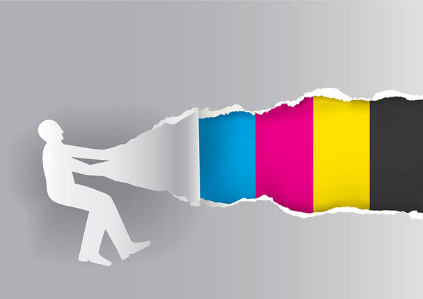 Paper male silhouette ripping paper with print colors. Concept for presenting color printing.Place for your text or image. Vector available. - Vector, Image