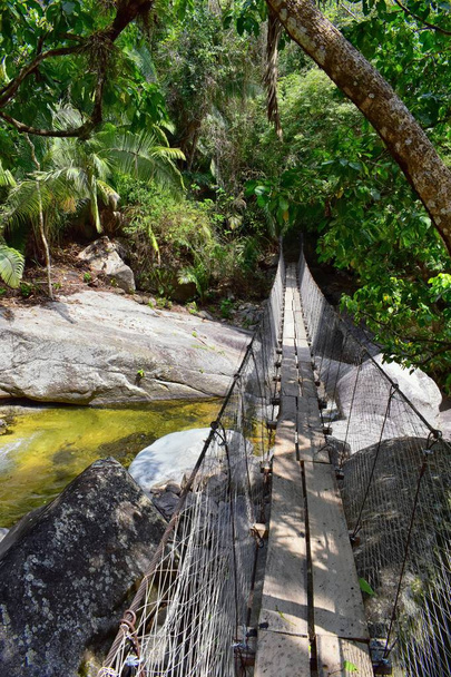 Rope and Wire suspended hanging bridge across a Jungle River in El Eden by Puerto Vallarta Mexico where movies have been filmed  - Photo, Image