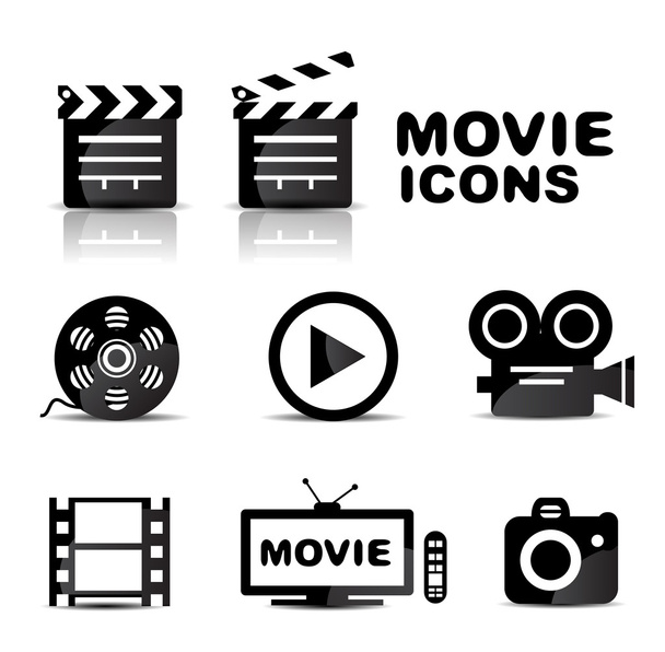 Movie black glossy icon set - Vektor, kép