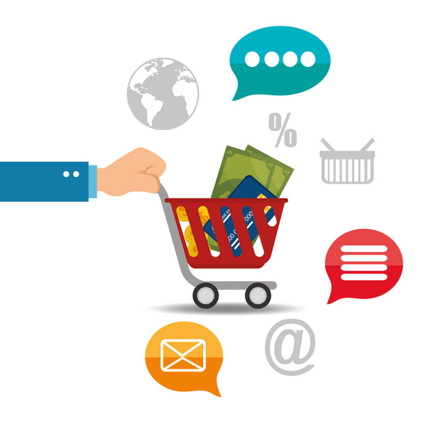 shopping cart with electronic commerce icons - Vector, Image