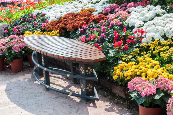 скамейка в красивом саду парка
 - Фото, изображение