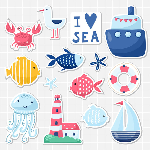 Big set of cute sea elements for cards and stickers. Marine theme design. For anniversary, birthday, party invitations, scrapbooking, cards. Vector illustration - Vektor, kép
