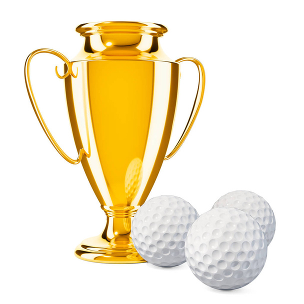Gold trophy cup award with golf balls, 3D rendering isolated on white background - Foto, immagini