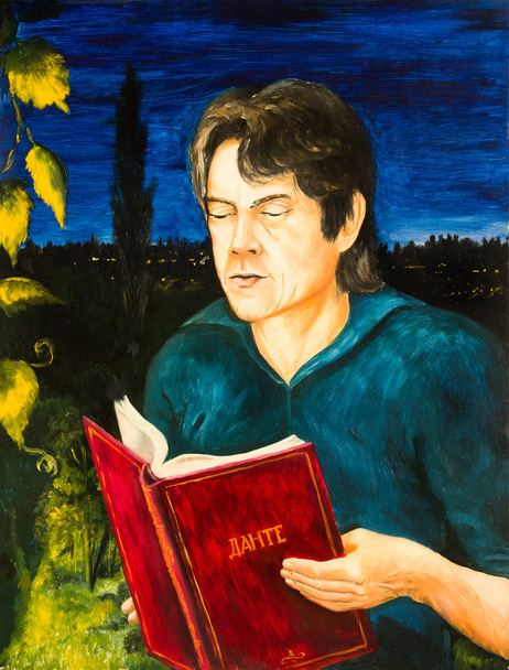 Portrait of a man with a book of poems Dante. A man reading a book on the background of the night landscape - Foto, Bild
