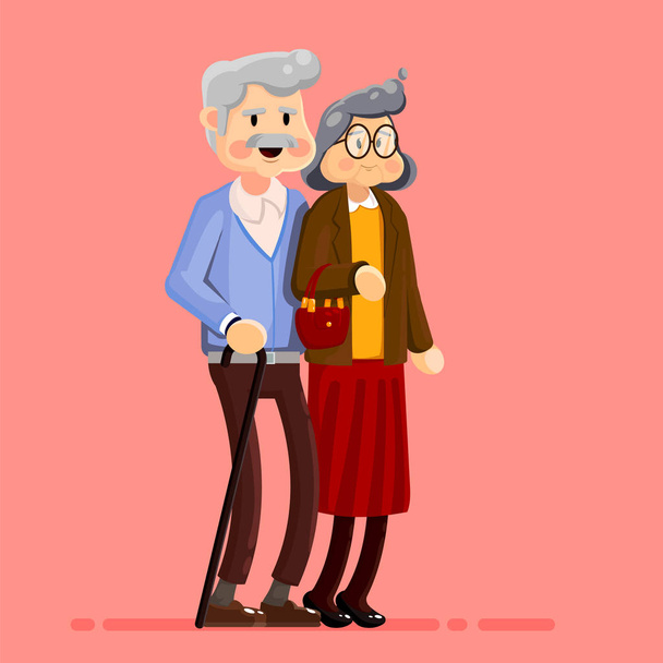 老夫婦が歩いてください。年金受給者の夫と妻が一緒に歩きます。高齢者の愛の人々。祖父母が分離されました。漫画のスタイルのベクトル図. - ベクター画像
