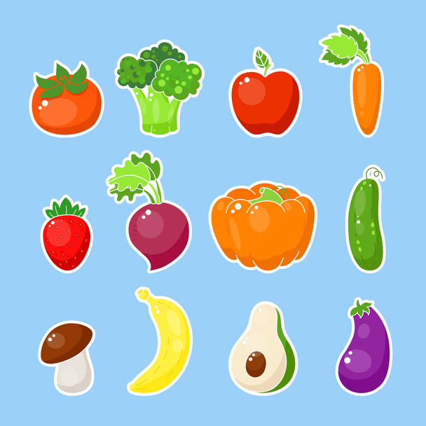 Vegetable fruits sticker. Happy food sticker, big collection. Carrot, tomato and broccoli - ベクター画像