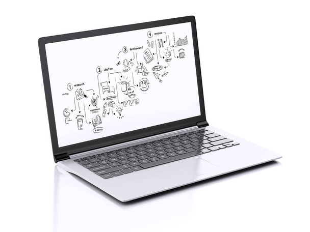 image of Modern Laptop with creative process sketch on screen. 3d illustration on white background - 写真・画像