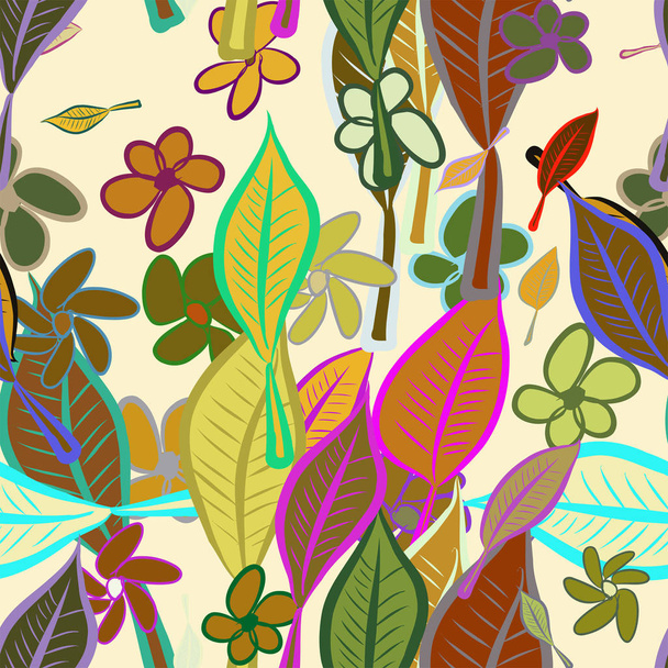 Seamless illustrations of leaves & flower. Good for web page, wallpaper, graphic design, catalog, texture or background. Cartoon style vector graphic. - Vektor, obrázek