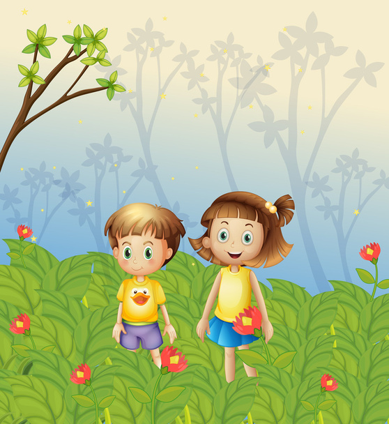 dívka a chlapec v zahradě - Vektor, obrázek