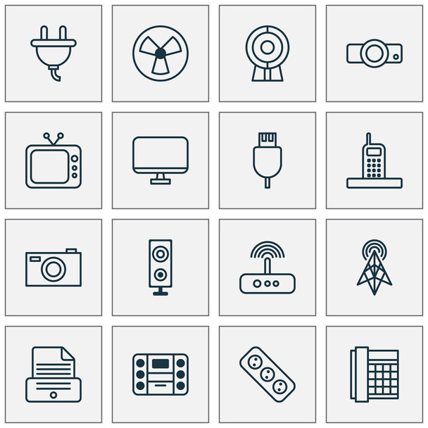 icônes Gadget ensemble avec prise, lecteur de musique, antenne et autres éléments haut-parleur. Isolé icônes gadget illustration
. - Photo, image