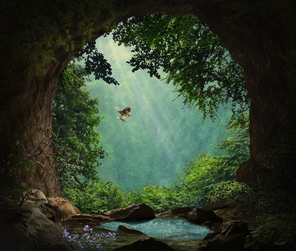 Cueva de fantasía en las montañas. Representación 3D. Manipulación fotográfica
. - Foto, imagen
