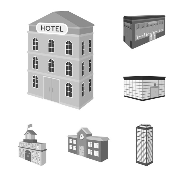 Κτιρίων και την αρχιτεκτονική μονόχρωμες εικόνες σετ συλλογής για το σχεδιασμό. Το κτήριο και την κατοικία εικονογράφηση φορέα ισομετρική σύμβολο μετοχής web. - Διάνυσμα, εικόνα