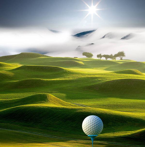 Le rendu 3d de la balle de golf sur le tee sur un vert flou
 - Photo, image